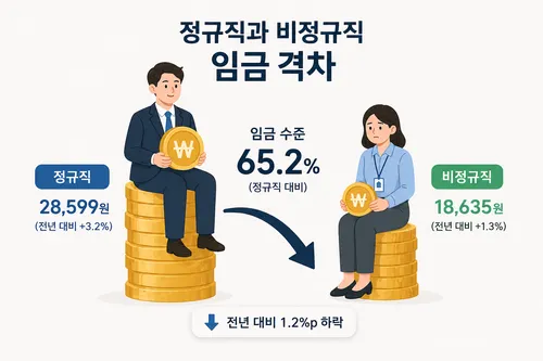 지난해 근로자 시간당 임금이 상승했지만 비정규직 임금은 정규직의 65% 수준에 그쳐 격차가 확대됐다.