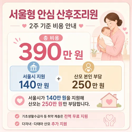 서울형 안심 산후조리원이 2026년 6월 8일부터 도봉·양천·강서·강동 4곳에서 운영된다. 2주 기준 390만 원 중 서울시가 140만 원을 지원해 일반 산모 부담은 250만 원이다.