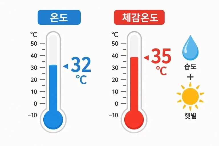 기온과 체감온도의 차이를 보여주는 온도계 그래픽