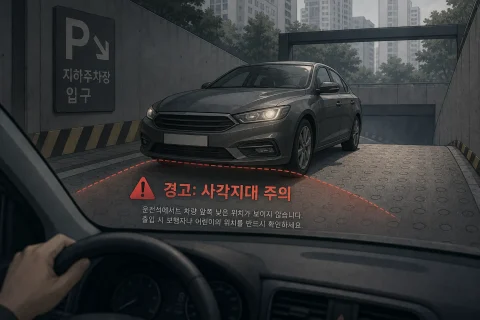 오르막 차고로 진입하는 자동차와 전방 하단 사각지대