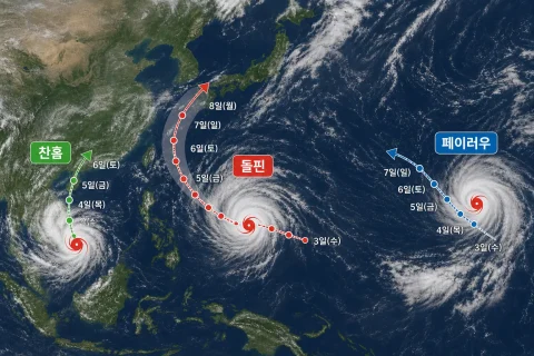 서태평양 태풍 3개 동시 발생 경로 지도