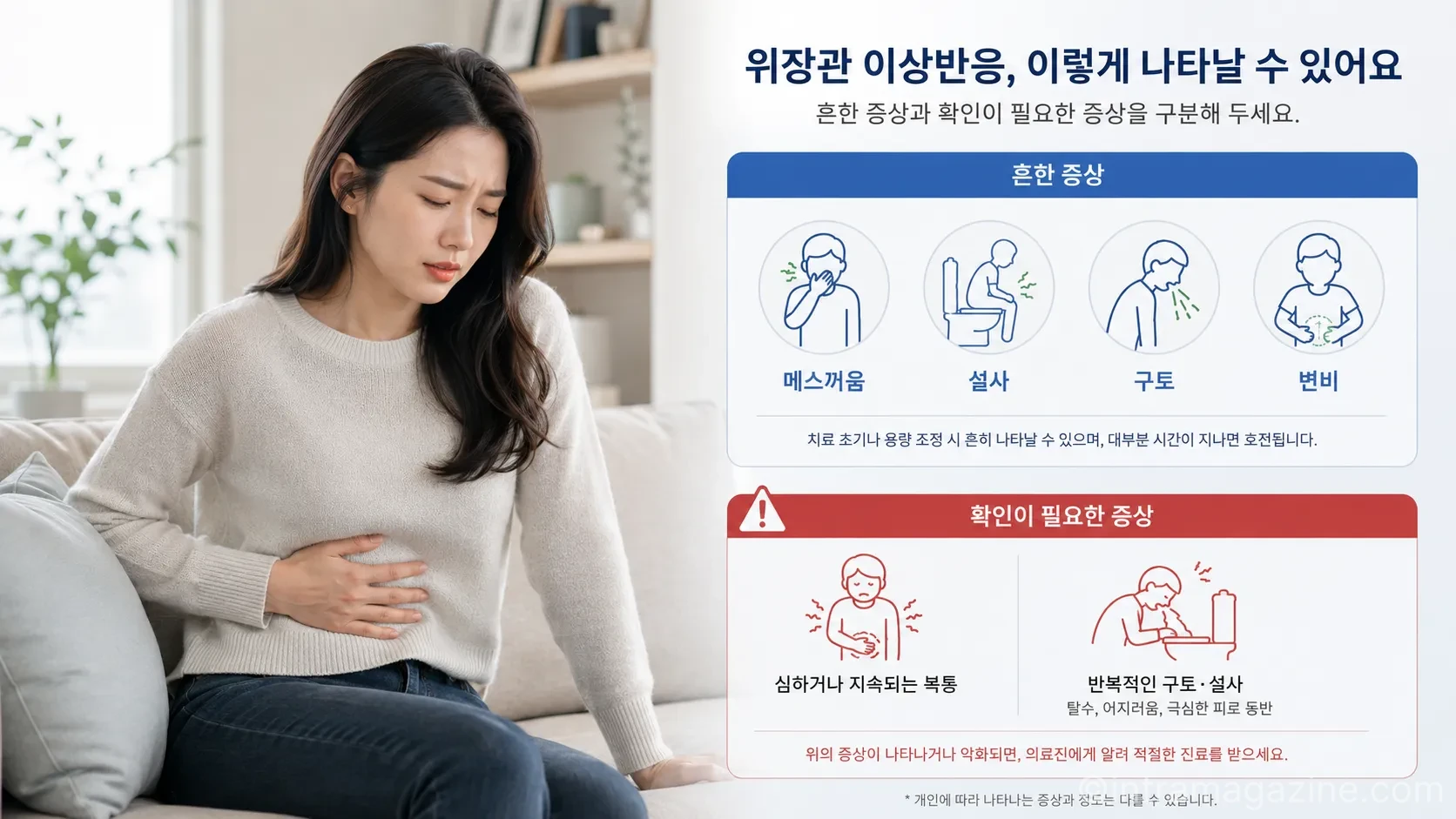 위고비와 마운자로는 메스꺼움·설사·구토·변비 등의 위장관 이상반응이 나타날 수 있으며, 심하거나 지속되는 증상은 의료진에게 알려야 한다.(사진=생성형AI)