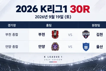 2026년 9월 19일 K리그1 30R 프리뷰 부천FC1995 김천상무 FC안양 울산 HD FC 경기 일정