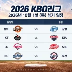 2026년 10월 1일 KBO리그 한화 삼성 KT KIA LG SSG NC 두산 4경기 일정