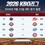 2026년 9월 22일 KBO리그 KT SSG 롯데 한화 NC 삼성 두산 키움 4경기 일정