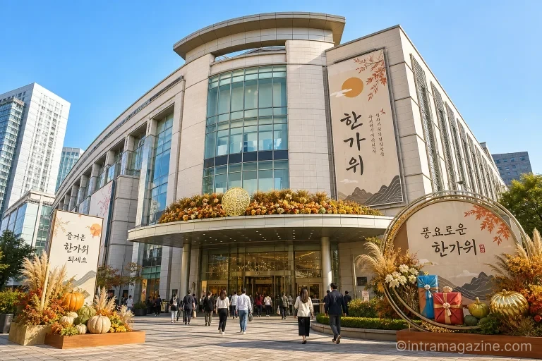 추석 연휴를 맞아 쇼핑객들로 붐비는 백화점 건물 입구