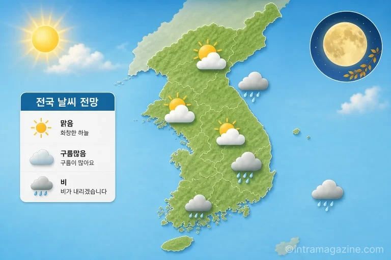 2026년 추석 연휴 기간 날씨 예보를 나타내는 한반도 지도 그래픽
