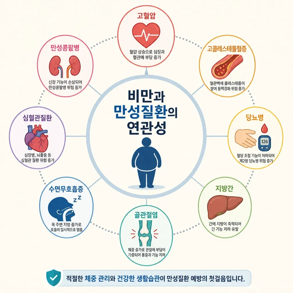 비만과 연관된 만성질환인 고혈압, 당뇨병, 고콜레스테롤혈증을 보여주는 아이콘 인포그래픽