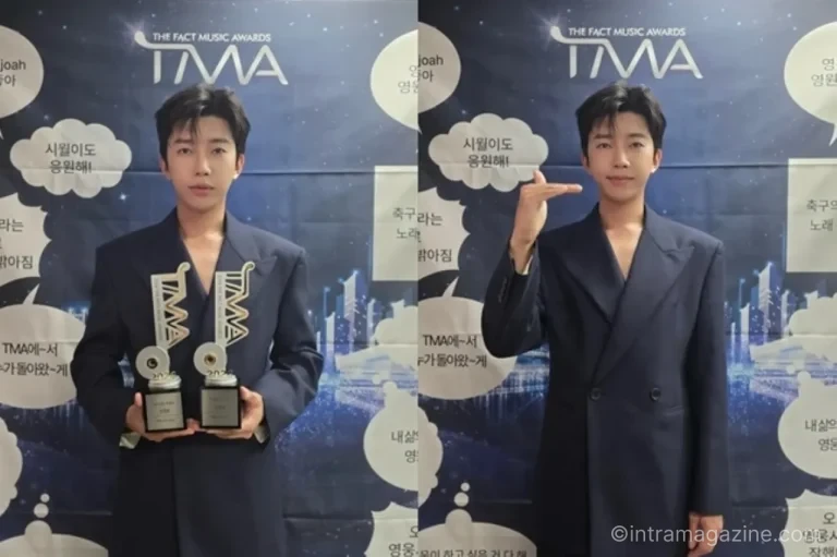 임영웅이 2026 TMA 트로피 2개를 들고 촬영한 인증 사진