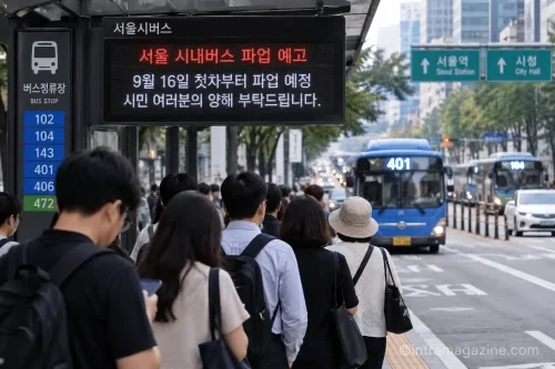 서울 시내버스 파업 예고로 버스정류장에서 차량을 기다리는 시민들