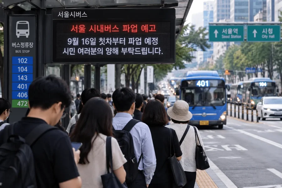 서울 시내버스 파업 예고로 버스정류장에서 차량을 기다리는 시민들