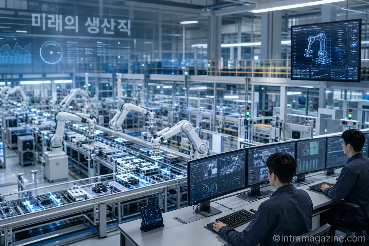 로봇 팔이 제품을 조립하는 무인 자동화 공장의 모습