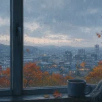 비 내리는 창밖으로 보이는 쌀쌀한 가을 도시 풍경