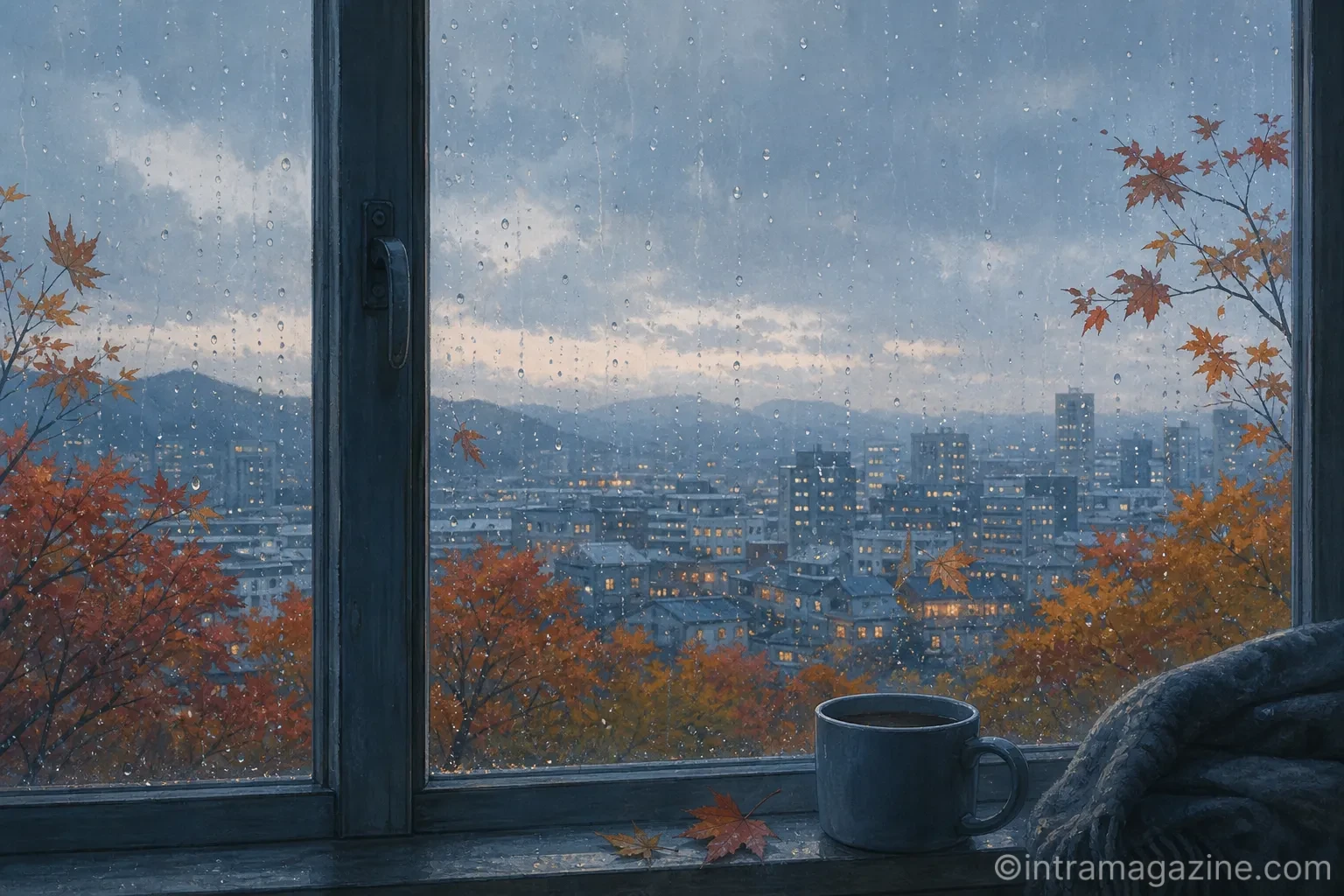 비 내리는 창밖으로 보이는 쌀쌀한 가을 도시 풍경