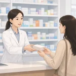약국에서 약사가 환자에게 의약품을 전달하며 설명하는 모습