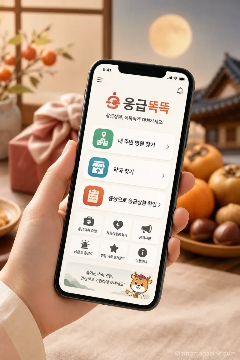 추석 연휴 문 여는 병원 정보를 알려주는 응급똑똑 앱 실행 화면
