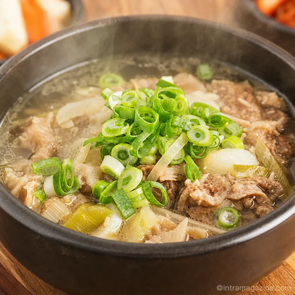 국물 요리 위에 신선한 대파 초록 잎을 고명으로 올린 모습