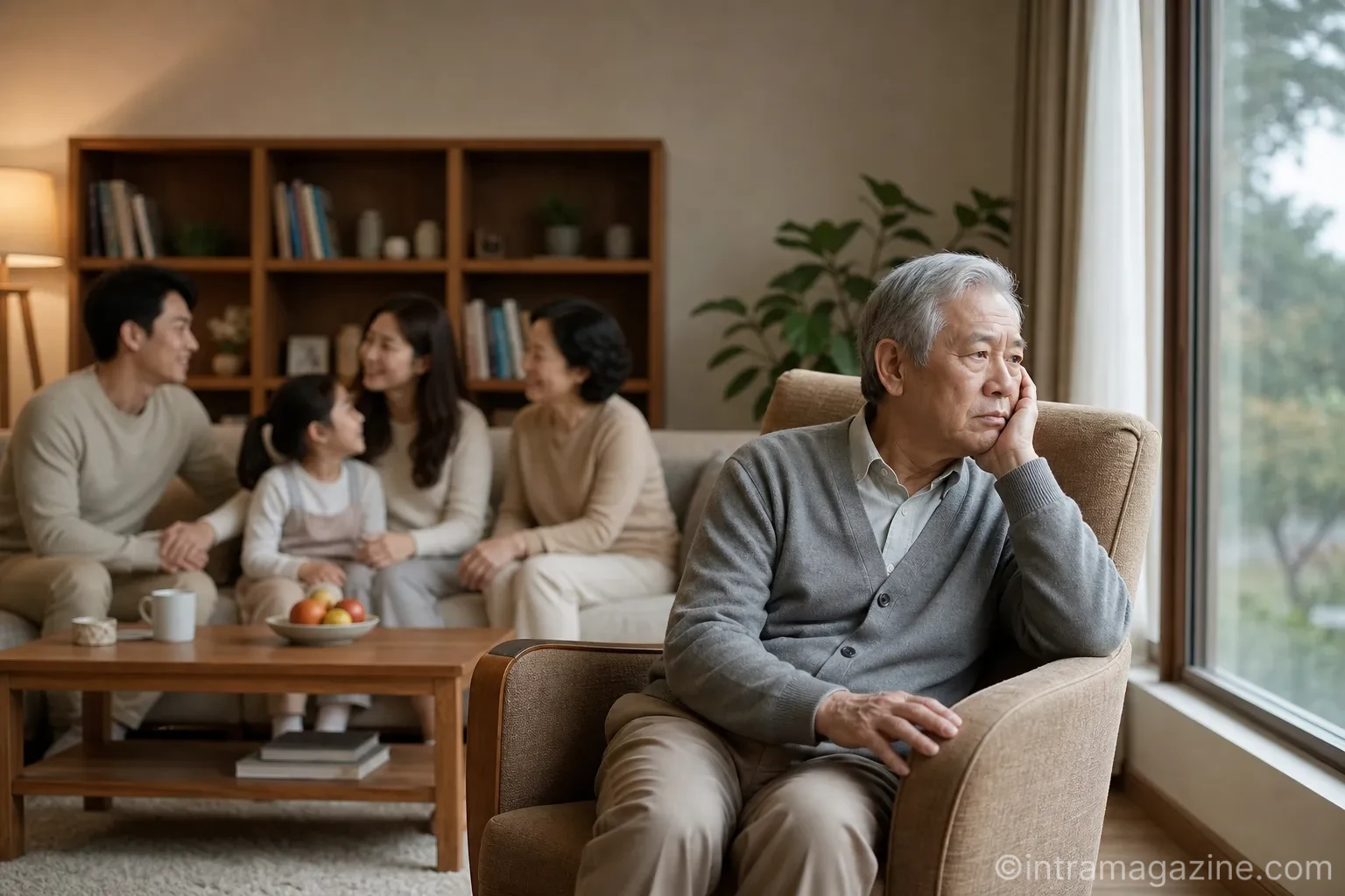 가족 모임에서 대화에 참여하지 못하고 홀로 앉아 있는 노인의 모습