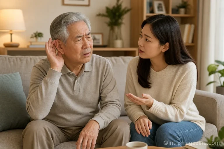 한 노인이 상대방의 말을 잘 알아듣지 못해 곤란한 표정으로 대화하고 있는 모습