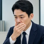 손으로 입을 가리고 자신의 입냄새를 확인하는 남성