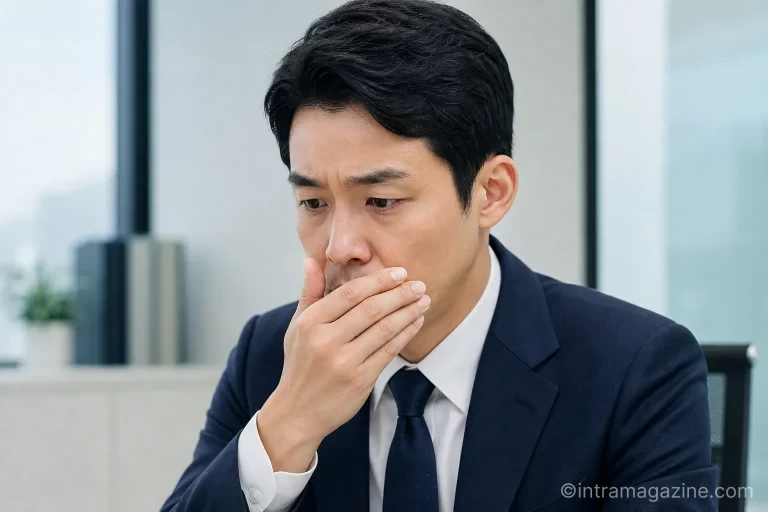 손으로 입을 가리고 자신의 입냄새를 확인하는 남성