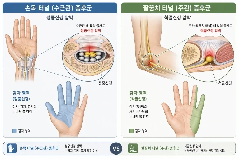 손 저림 원인인 정중신경과 척골신경의 감각 지배 영역 비교