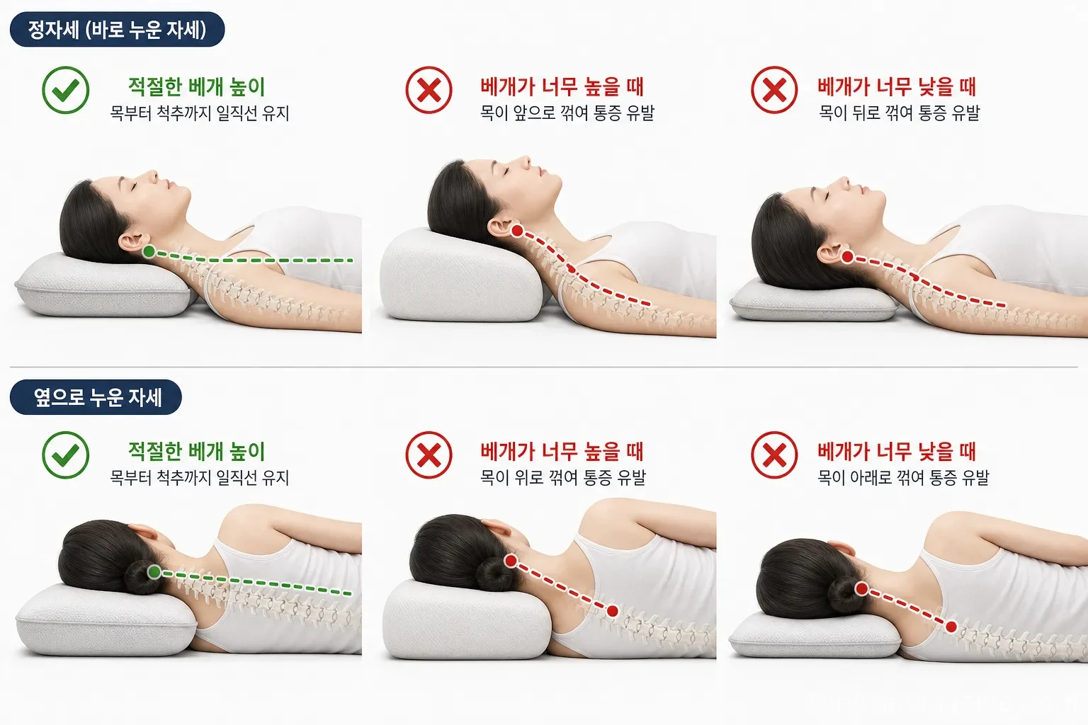 베개 높이에 따른 경추와 척추 정렬 비교 그림