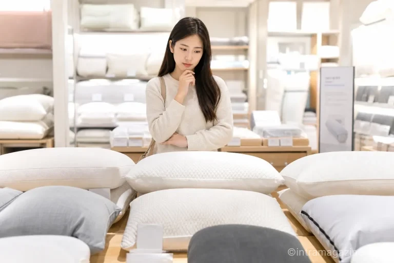 다양한 종류의 베개 앞에서 올바른 베개 높이를 고민하는 사람