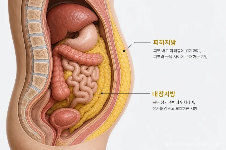 내장지방과 피하지방의 위치를 보여주는 인체 단면도