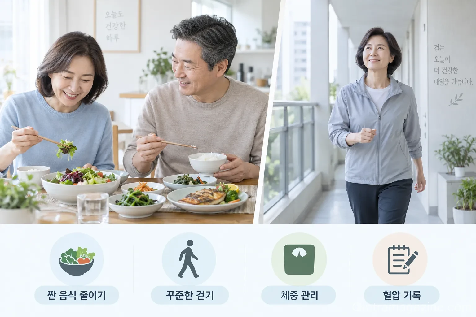 고혈압 관리는 약물치료뿐 아니라 짠 음식 섭취를 줄이고 꾸준히 운동하며 체중과 혈압 기록을 함께 관리하는 것이 중요하다. (사진=생성형AI)