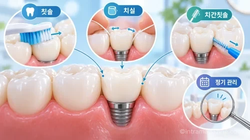 임플란트 보철 주변을 칫솔·치실·치간칫솔로 관리하는 모습을 보여주는 생활형 인포그래픽