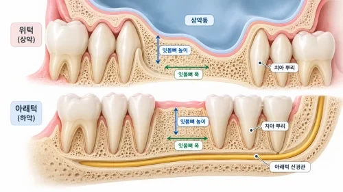 턱뼈 단면을 단순화해 잇몸뼈 높이와 폭, 주변 치아 뿌리, 아래턱 신경관, 위턱 상악동을 함께 보여주는 의료 인포그래픽