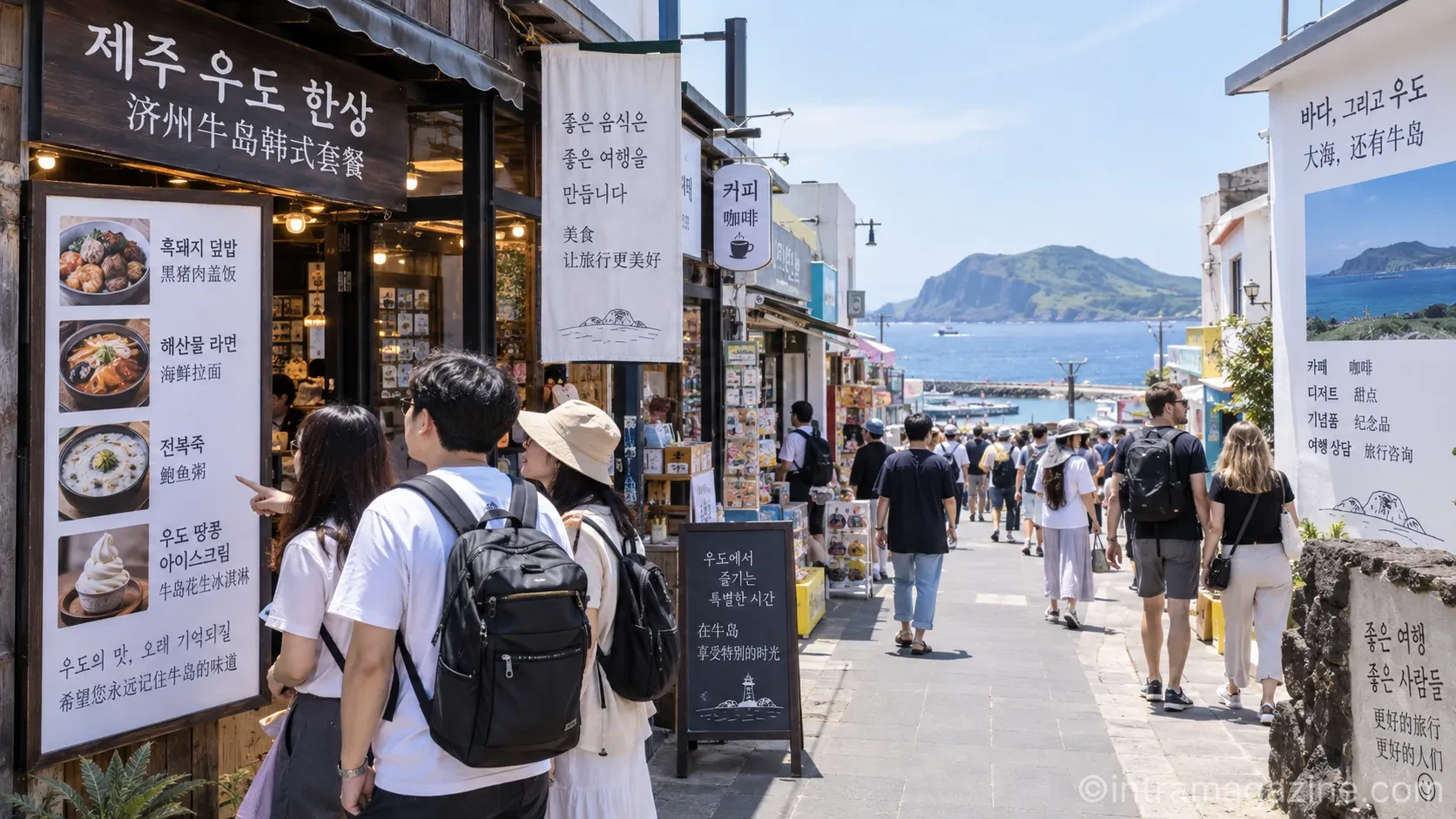 외국인 관광객이 늘면서 우도 상점과 음식점에서도 중국어 안내와 외국인 맞춤 서비스가 자연스럽게 확대되고 있다. (사진=생성형AI)