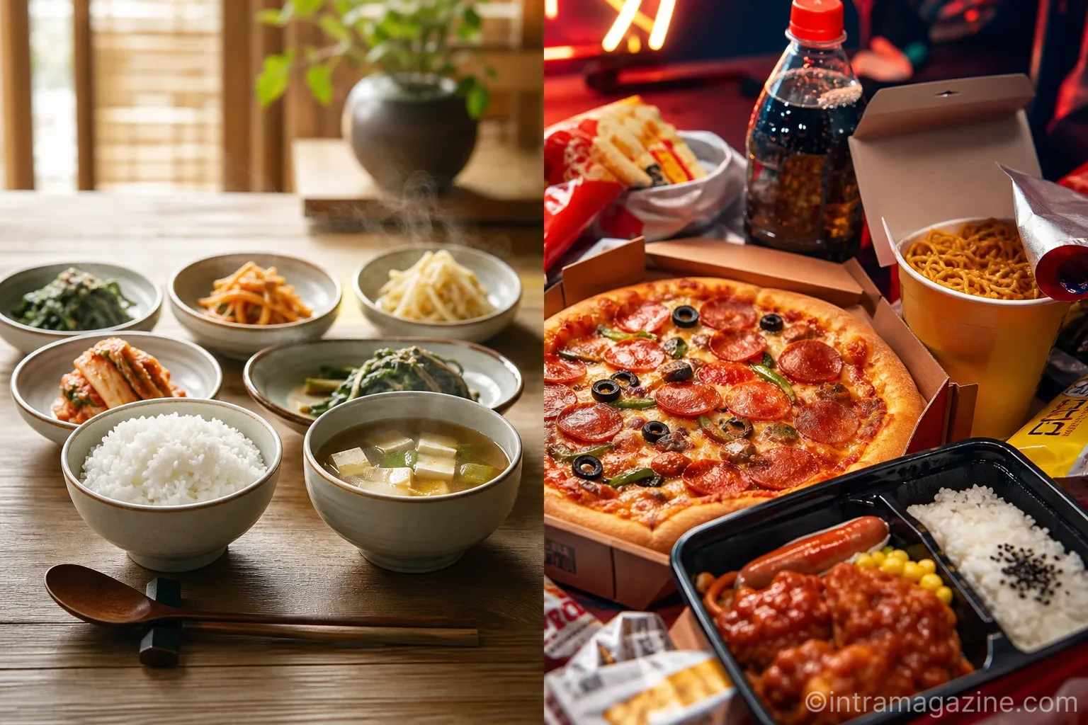 전통적인 한식 밥상과 현대의 피자, 치킨 등 배달 음식을 비교하는 사진