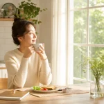 아침 햇살 아래 커피를 마시는 사람