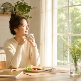 아침 햇살 아래 커피를 마시는 사람