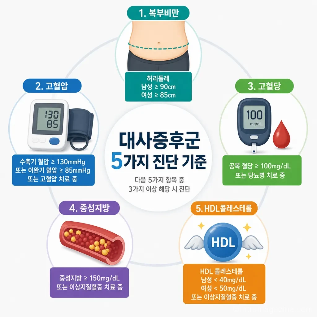 대사증후군의 5가지 진단 기준을 나타내는 인포그래픽