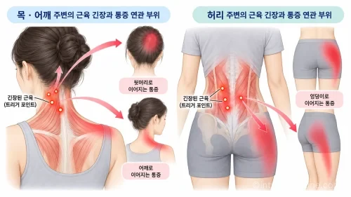 목과 허리의 통증유발점과 연관통을 보여주는 의료 인포그래픽