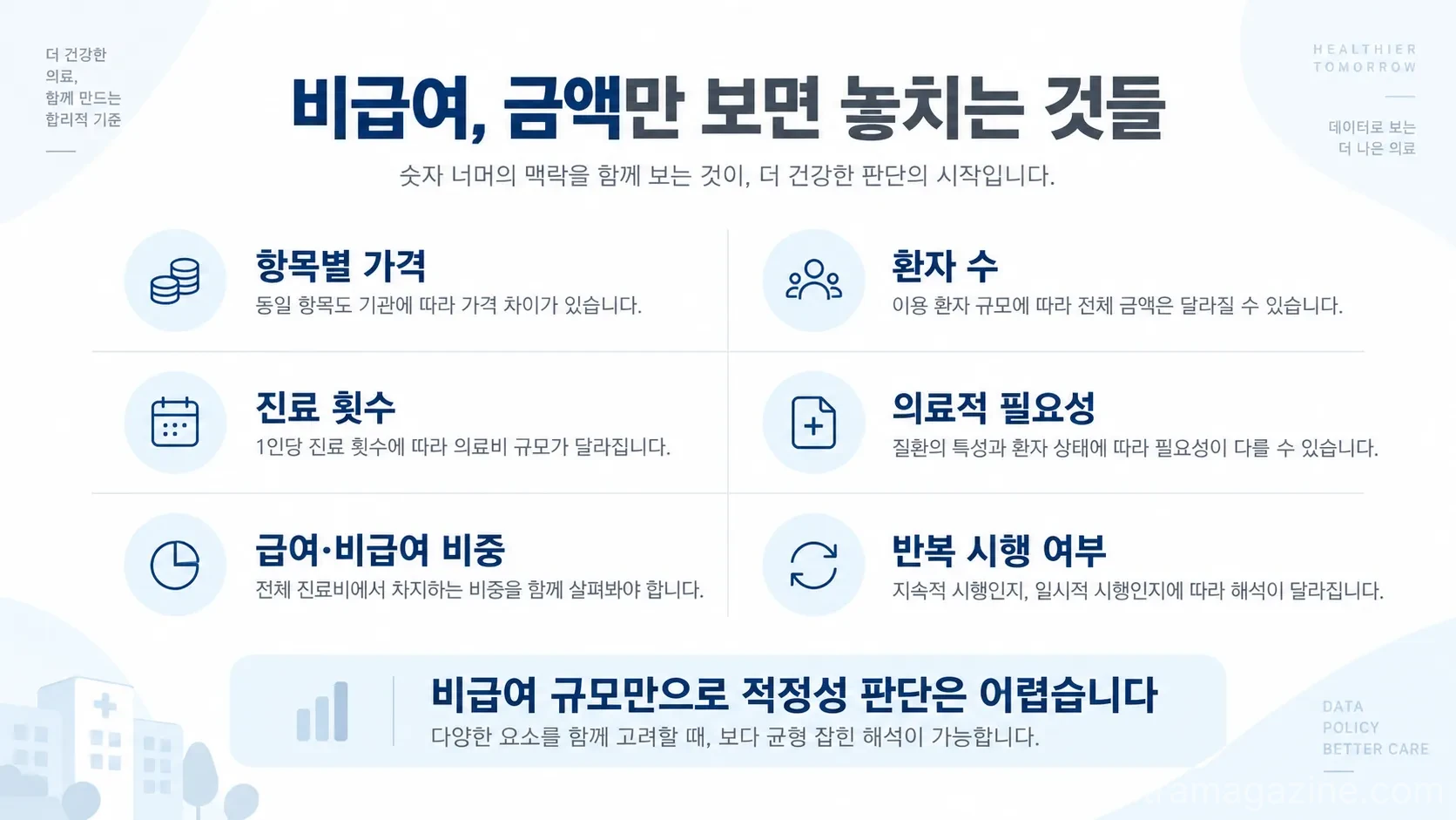 비급여 진료의 적정성을 판단하려면 총액뿐 아니라 가격, 진료량, 환자 특성, 반복 시행 여부와 의료적 필요성을 함께 살펴야 한다.(사진=생성형AI)