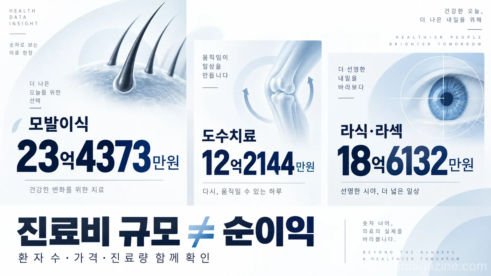 모발이식·도수치료·라식·라섹 등 비급여 진료비는 항목별로 큰 차이를 보였으며, 진료비 규모는 의료기관의 순이익과 같은 의미가 아니다.(사진=생성형AI)