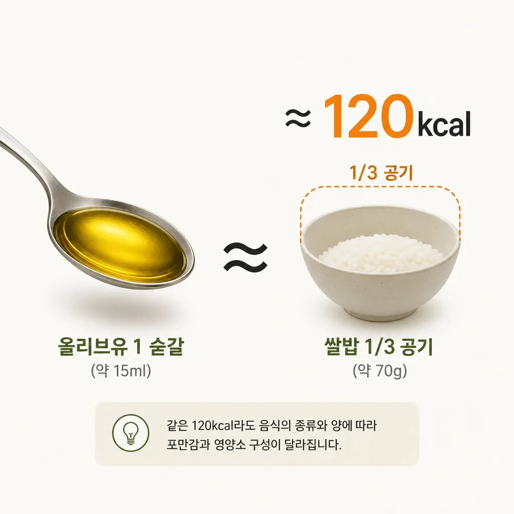 올리브유 한 숟갈이 약 120kcal라는 정보를 나타내는 인포그래픽