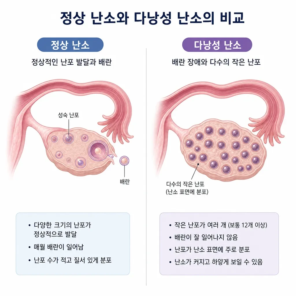 정상 난소와 다낭성 난소의 차이를 보여주는 그림