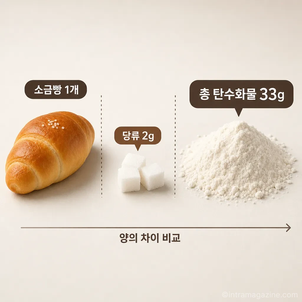소금빵의 낮은 당류와 높은 총 탄수화물 함량을 비교하는 이미지