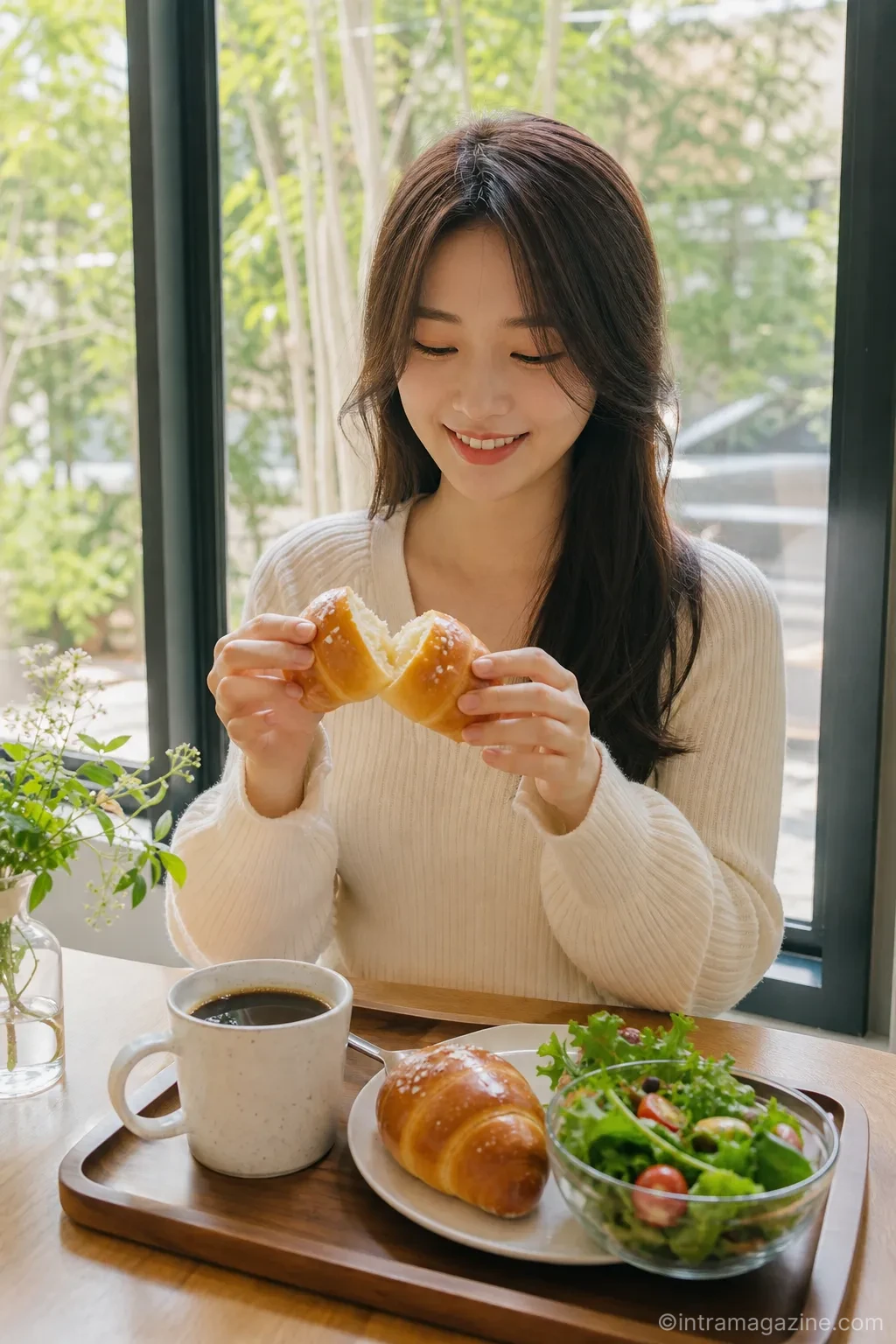 샐러드, 아메리카노와 함께 건강하게 차려진 소금빵