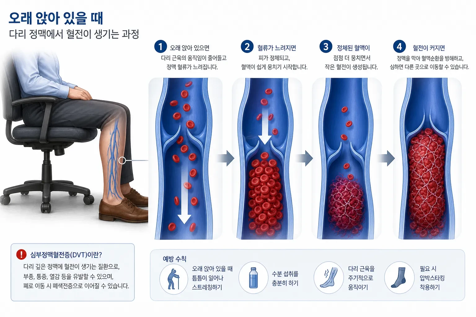 다리 정맥에 혈전이 생성되는 과정을 보여주는 의료 삽화