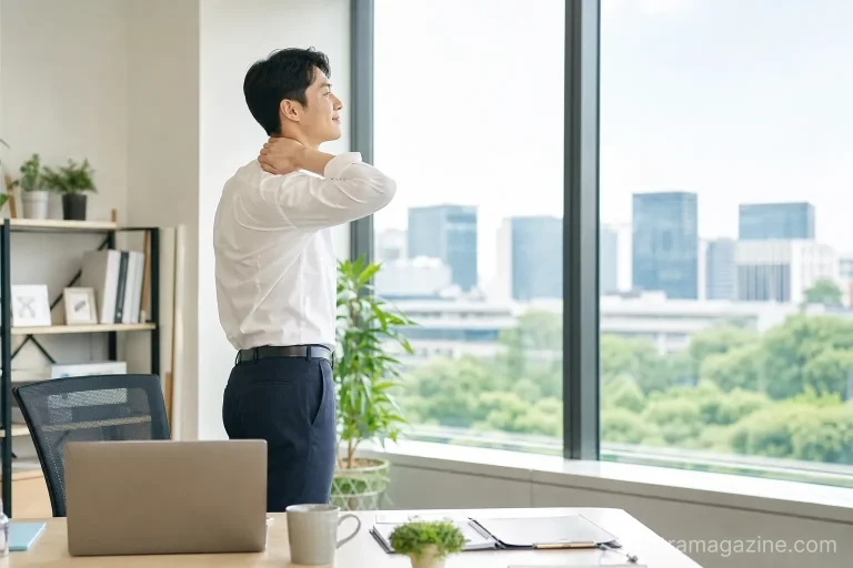 사무실에서 자리에서 일어나 스트레칭하는 직장인