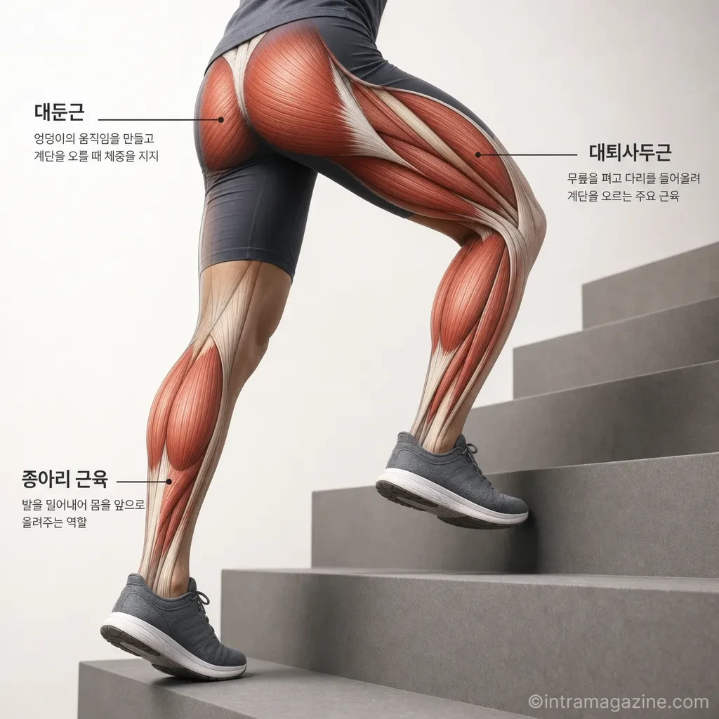 계단 운동 시 사용되는 하체 근육 그래픽.