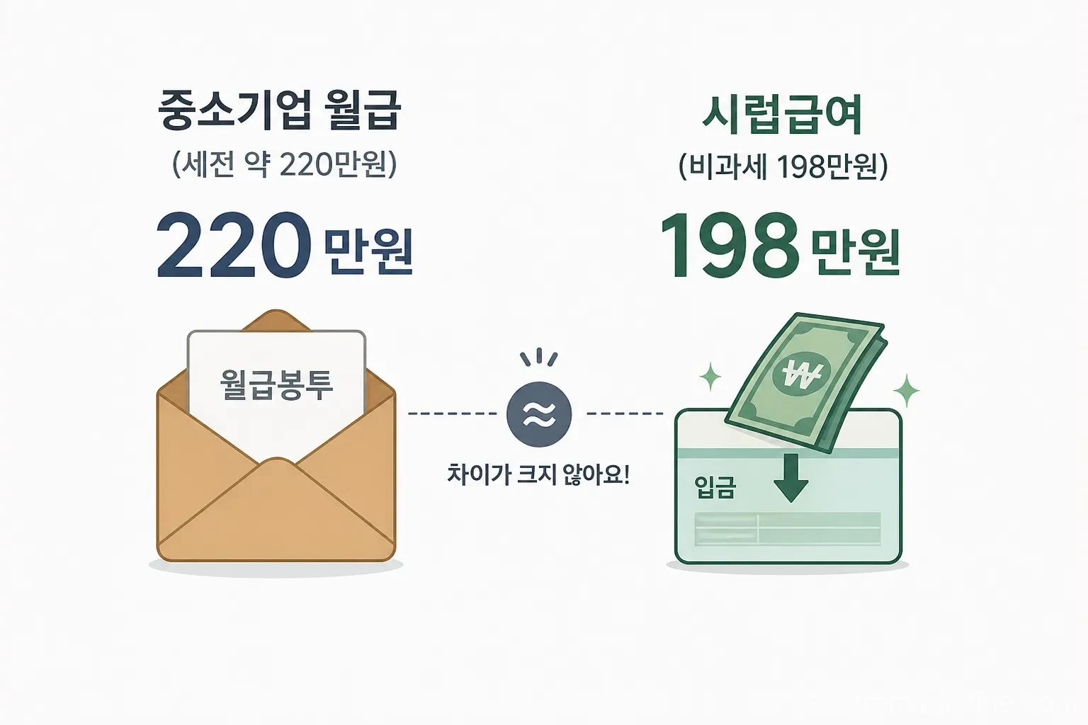 중소기업 월급과 시럽급여 금액을 비교하는 인포그래픽