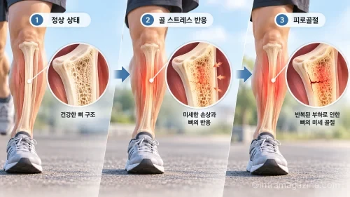 정강이뼈에 반복적인 부하가 쌓이면서 정상 상태 → 골 스트레스 반응 → 피로골절로 진행할 수 있는 흐름을 보여주는 의료 인포그래픽