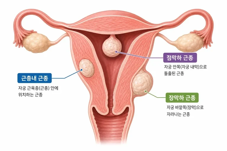자궁근종의 종류를 보여주는 자궁 단면도